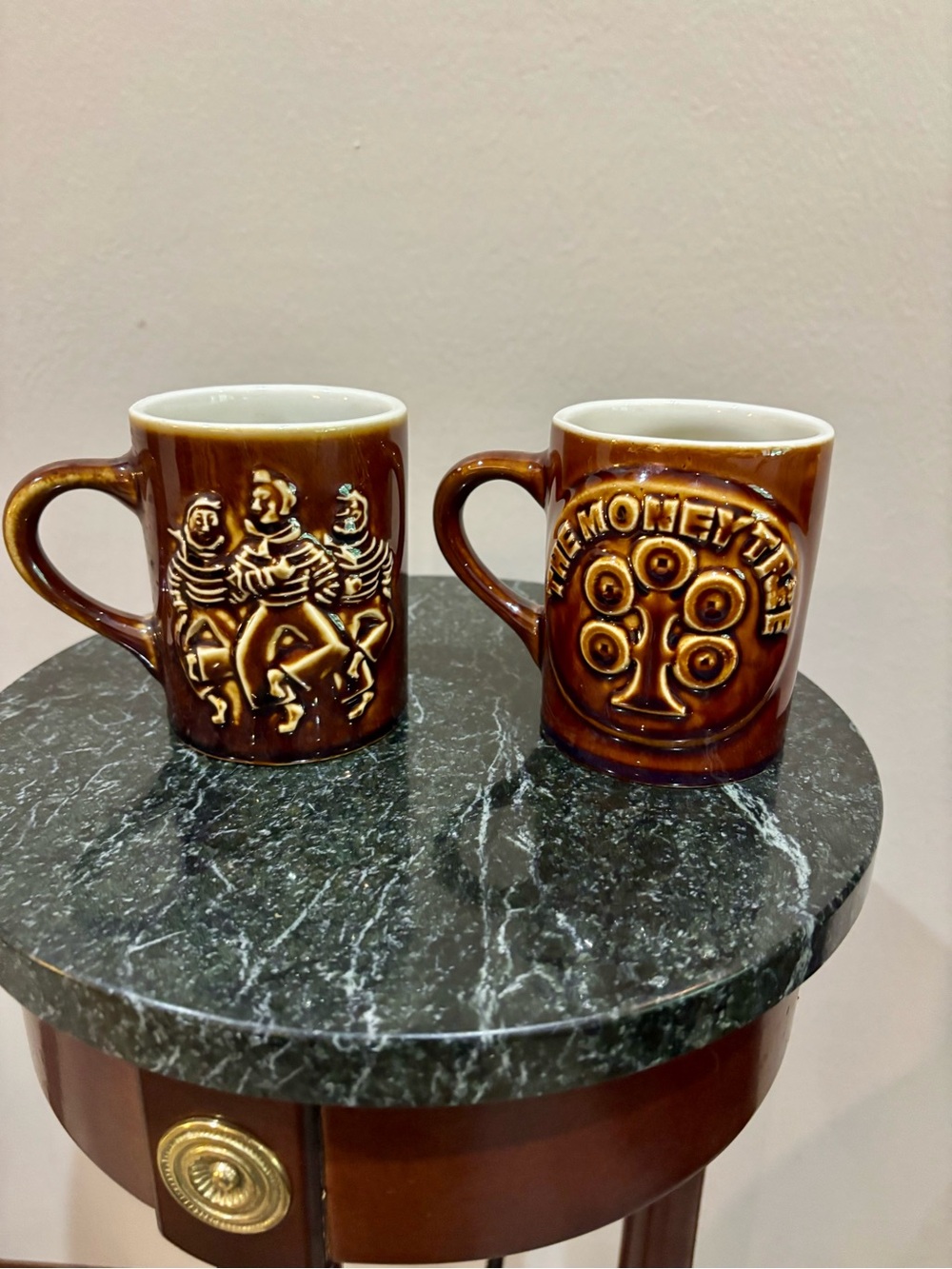 Hall China Brown Ceramic Mugs with Raised Motif - Set of 2
